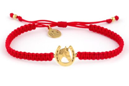Bransoletka ze sznurka Czerwona makrama ze złotą podkową i koniem
