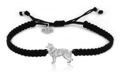 Bransoletka z psem border collie srebrnym na czarnej makramie