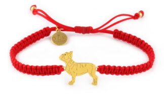Kolekcja Rasy psów - Bransoletka z buldogiem francuskim złotym na czerwonej makramie