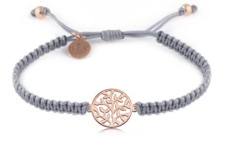 Bransoletka z Drzewem Życia z listkami rose gold na szarej makramie