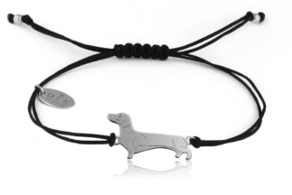 Bransoletka z psem jamnikiem srebrnym na czarnym sznurku