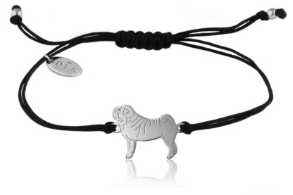 Bransoletka z psem mopsem srebrnym na czarnym sznurku