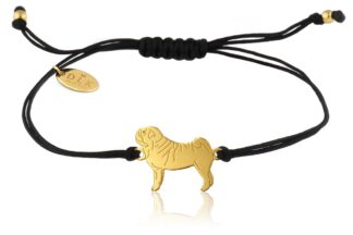 Bransoletka z psem mopsem złotym na czarnym sznurku