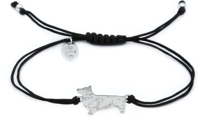 Bransoletka z psem corgi srebrnym na czarnym sznurku