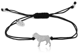 Bransoletka z psem buldogiem angielskim srebrnym na czarnym sznurku