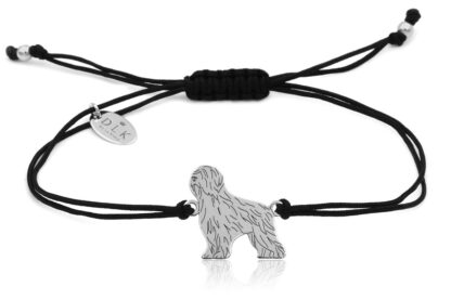 Bransoletka z psem briardem srebrnym na czarnym sznurku