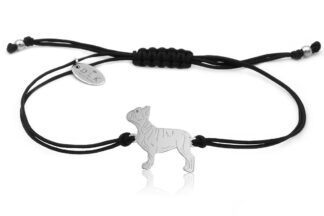 Bransoletka z psem buldogiem francuskim srebrnym na czarnym sznurku