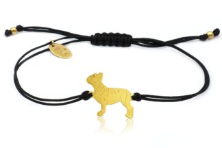 Bransoletka z psem buldogiem francuskim złotym na czarnym sznurku